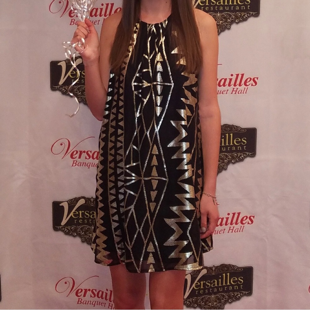 One Clothing Black Metallic Geometric Halter Tunic Dress